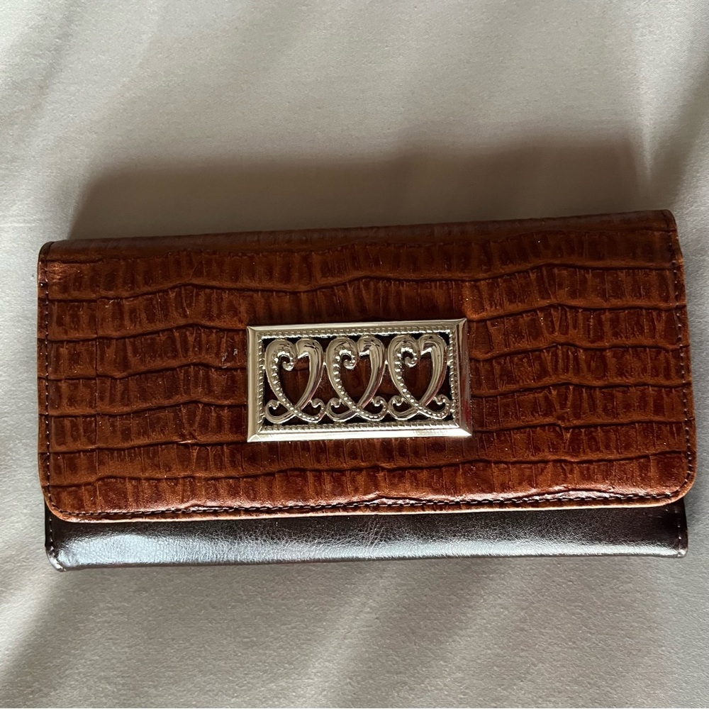Brighton Brown Croc-Embossed Leather Wallet with 3 Silver Hearts